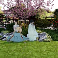Garden Landscape With Traditional Costume Figures Cherry Blossom Tree Red Flowers Rocks And Grass