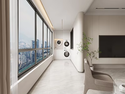 Minimalist Home Balcony Interior With Large Windows City View Washing Machine And Green Plant 3d model