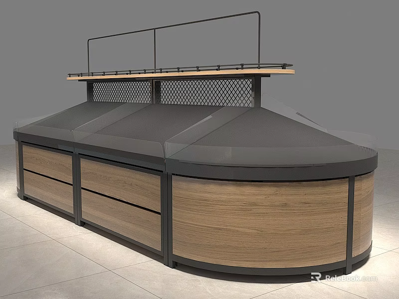 Modern Display Shelf With Wooden Panels Black Top And Mesh Upper Layer 3d model