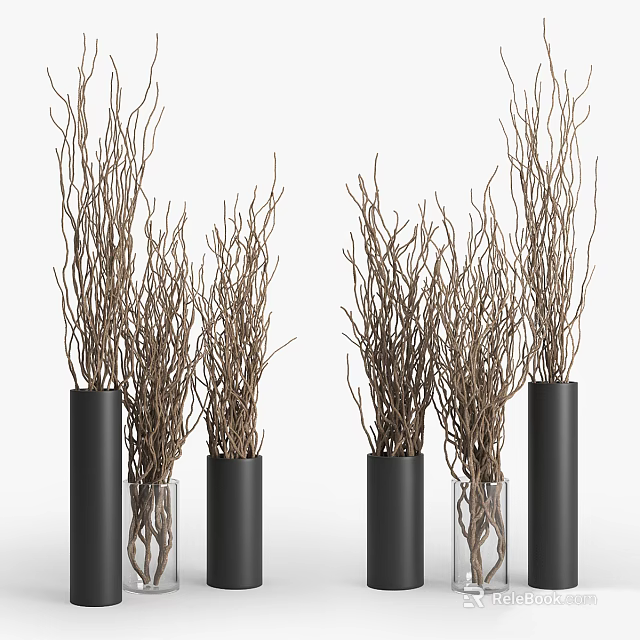 Decorative Ornament Set with Twigs in Black Cylindrical and Clear Glass Vases for Modern Decor 3d model 