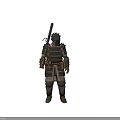 Game Movie Character In Spiked Metal Armor With Brown Waist Pouches Holding Weapon 3d model