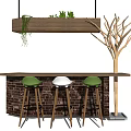 Wooden Bar Counter With Green High Stools Brick Base And Hanging Plant Decorative Tree Branch