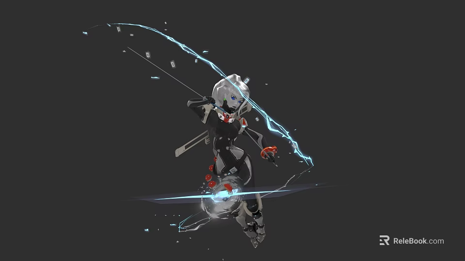 Futuristic Game Character In Mechanical Armor Dynamic Pose With Energy Bow And Blue Lightning 3d model 