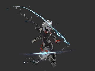 Futuristic Game Character In Mechanical Armor Dynamic Pose With Energy Bow And Blue Lightning 3d model