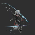 Futuristic Game Character In Mechanical Armor Dynamic Pose With Energy Bow And Blue Lightning