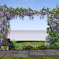 Beautiful Wisteria Archway With Hanging Purple Flowers Greenery And Stone Pathway Under Sunny Blue Sky
