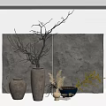 Decorative Vases With Dried Branches And Plants Against Gray Textured Wall Setup