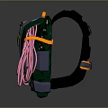Green And Gray Backpack With Yellow Geometric Shapes Black Top And Pink Hanging Ropes