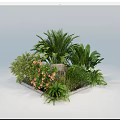 Lush Shrubs With Palm Ferns And Pink Flowers In Square Planter Bed
