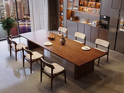 Modern Wooden Dining Table Set With Light Upholstered Chairs And City View Dining Room 3d model