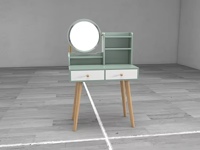 Modern Light Green Dressing Table With Round Mirror Two Drawers And Wooden Legs 3d model