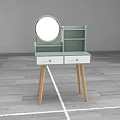 Modern Light Green Dressing Table With Round Mirror Two Drawers And Wooden Legs