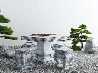 Chinese Style Outdoor Table and Chair Outdoor Courtyard Leisure Stone Bench 3d model