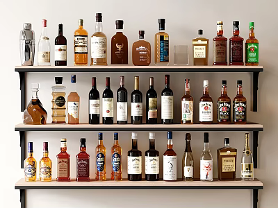 Assorted Wine Bottles and Glassware Display on Wooden Shelves in Home Bar 3d model