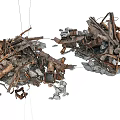 Stone and Wood Construction Debris Pile with Mixed Scrap and Rusted Metal