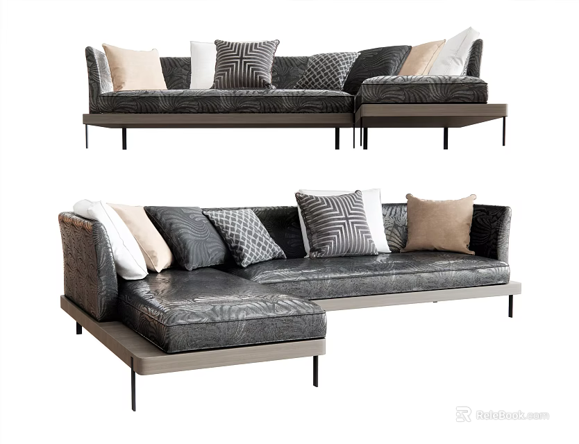 Modern Sectional Sofa with Patterned and Solid Color Cushions and Metal Leg Frame Design 3d model