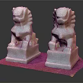 Pair of White Stone Lions Placed On Brown Mat With Detailed Carvings