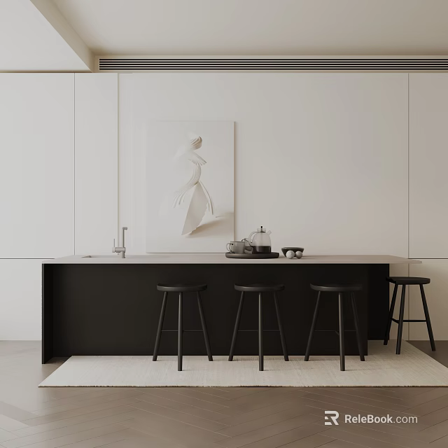 Stylish Black Dining Table Set with High Stools and Wall Art in Light Room 3d model