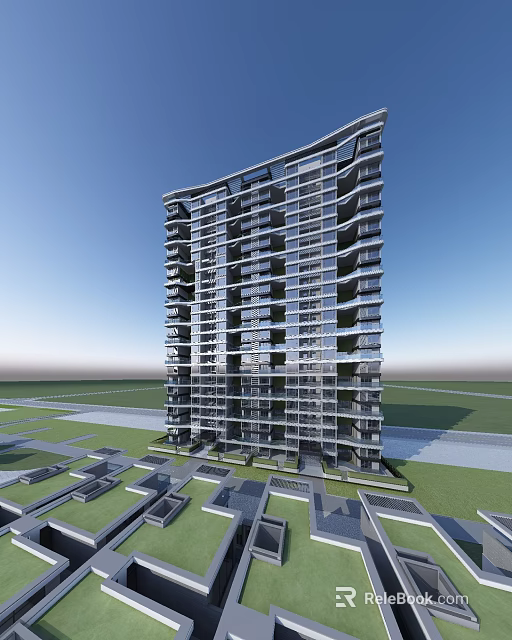 Modern High Rise Residential Building With Balconies Large Windows And Green Surroundings 3d model 