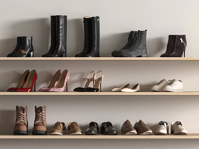 Stylish Shoes Arranged on Wooden Shelves Featuring Boots High Heels and Casual Styles 3d model