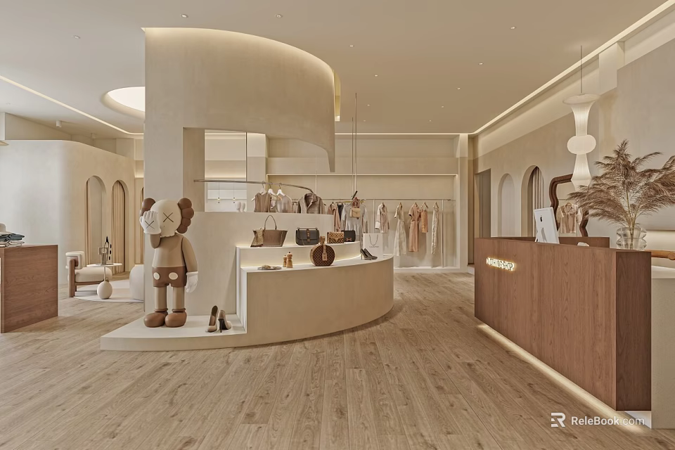 Modern Clothing Store Interior With Stylish Fashion Displays Bags Shoes And Curved Design Elements 3d model 