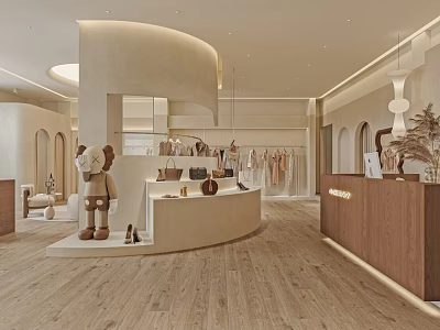 Modern Clothing Store Interior With Stylish Fashion Displays Bags Shoes And Curved Design Elements 3d model