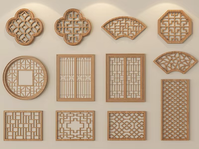 Decorative Wooden Carved Lattice Windows With Various Traditional Patterns And Shapes 3d model