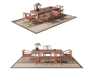 Chinese Style Wooden Tea Table And Chairs Interior With Tea Set On Rug 3d model