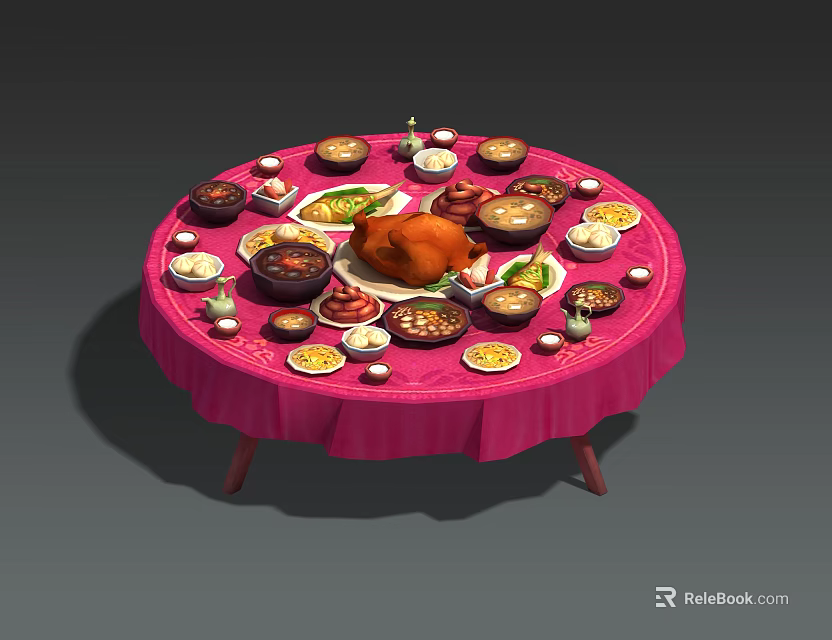 Round Dining Table with Pink Tablecloth Filled with Roast Chicken Bowls Plates and Small Decorations 3d model 