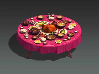 Round Dining Table with Pink Tablecloth Filled with Roast Chicken Bowls Plates and Small Decorations 3d model
