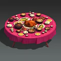 Round Dining Table with Pink Tablecloth Filled with Roast Chicken Bowls Plates and Small Decorations