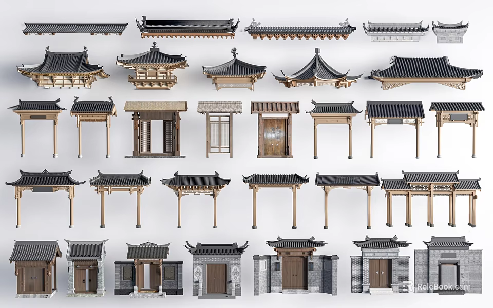 Traditional Chinese Memorial Archways With Various Wooden Stone Structures And Classic Roof Designs 3d model 