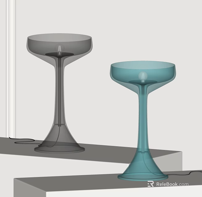 Modern Table Lamps Design Gray And Blue Tall Stem With Bowl Shaped Shades On Shelf 3d model 