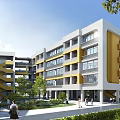 Modern School Building With Yellow White Facade Green Lawns And Trees On Campus Square