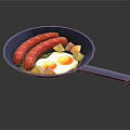 Blue Frying Pan With Red Sausages Fried Egg And Yellow Potato Chunks