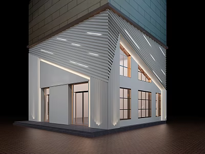 Modern Storefront Facade with White Exterior Diagonal Stripe Elegant Lighting Large Windows and Glass Doors 3d model