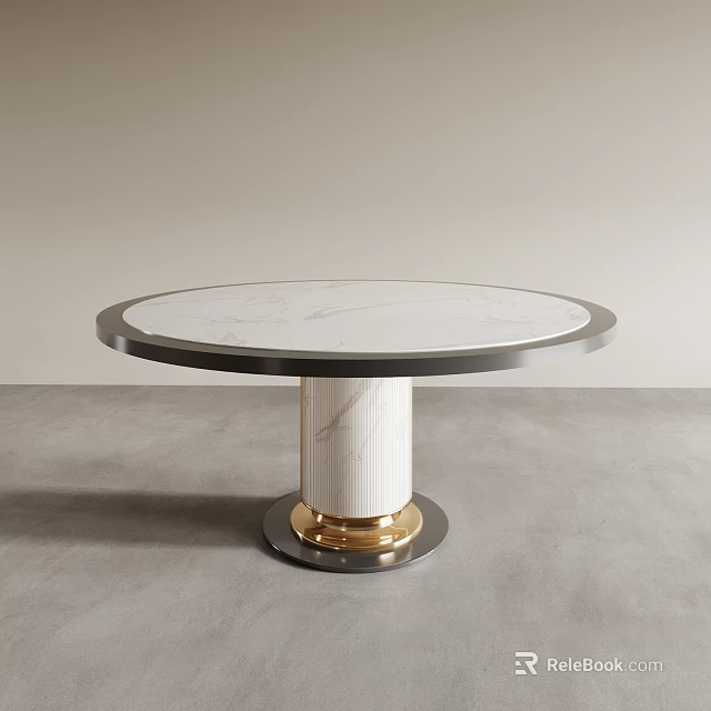 Modern Elegant Round Dining Table With White Marble Top Black Border And Gold Base 3d model
