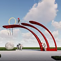 Park Landscape With Red Arch Astronaut Sculptures Circular Moon Green Grass And Cloudy Sky