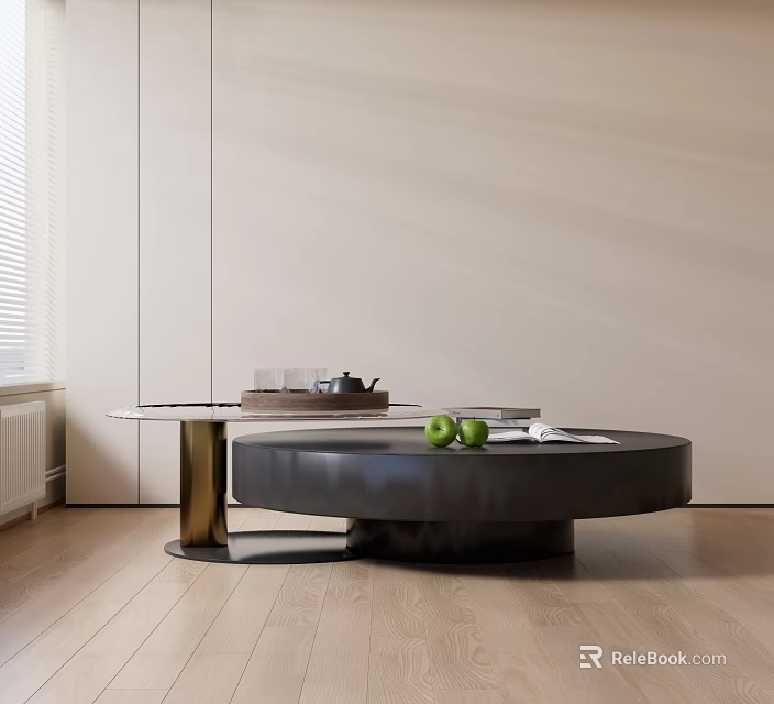 Modern Black Coffee Table With Gold Metal Legs And Green Apples On Tray 3d model 