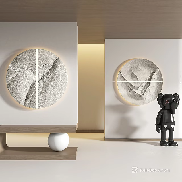 Circular Illuminated Abstract Paintings In Modern Minimalist Interior With Black Figurine And White Spherical Decor 3d model 