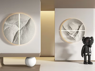 Circular Illuminated Abstract Paintings In Modern Minimalist Interior With Black Figurine And White Spherical Decor 3d model