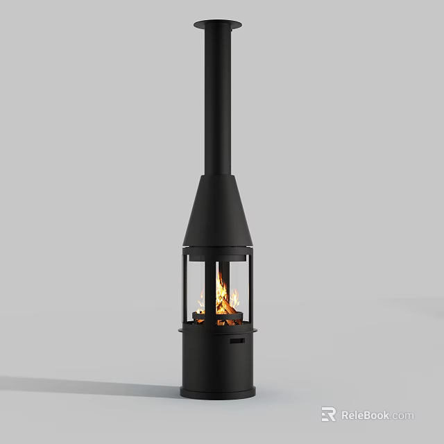 Modern Black Fireplace With Tall Chimney Glass Doors And Burning Fire 3d model 