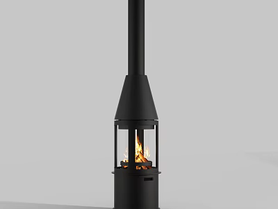 Modern Black Fireplace With Tall Chimney Glass Doors And Burning Fire 3d model