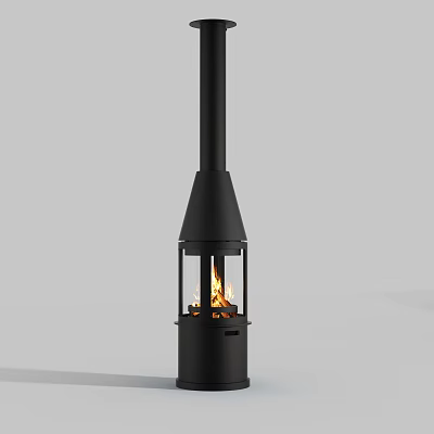 Modern Black Fireplace With Tall Chimney Glass Doors And Burning Fire 3d model
