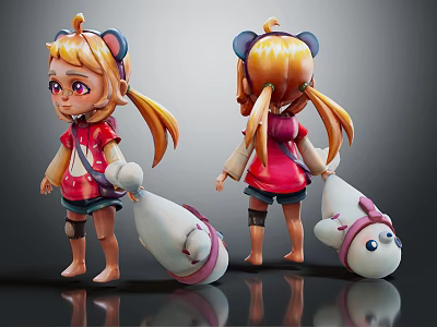 Anime Style Game Character With Twin Ponytails And Plush Doll Accessory 3d model