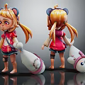 Anime Style Game Character With Twin Ponytails And Plush Doll Accessory