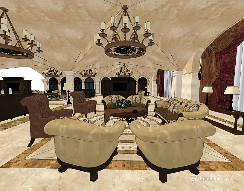 Hotel Lobby Interior Design With Luxury Chandeliers Sofas And Marble Patterned Floor 3d model 