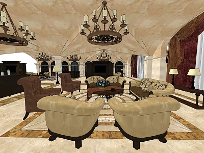 Hotel Lobby Interior Design With Luxury Chandeliers Sofas And Marble Patterned Floor 3d model