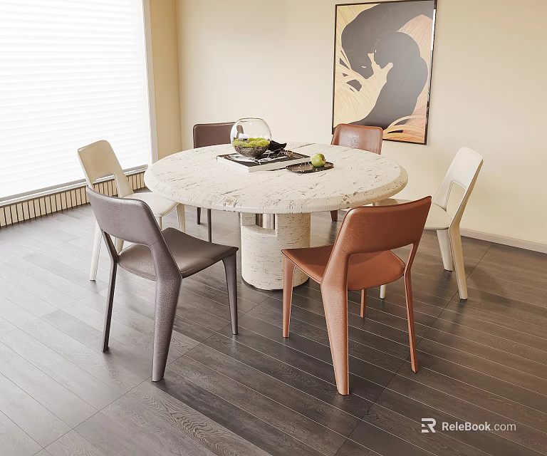 Round Marble Top Dining Table Set With White Base And Six Multi Colored Chairs 3d model