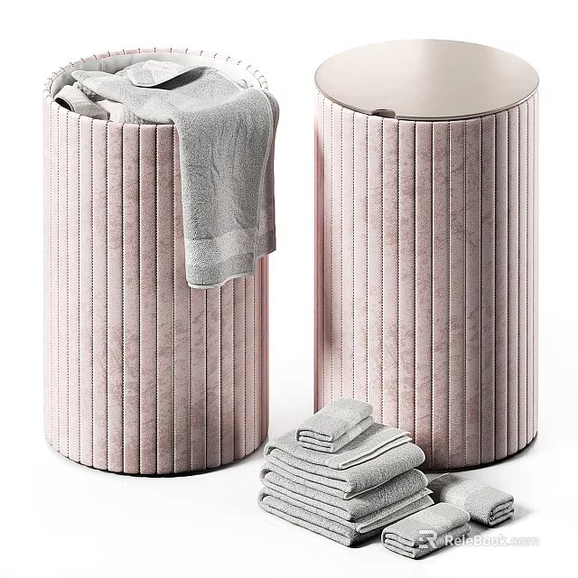 Pink Cylindrical Ribbed Stools With Folded Towels And Draped Towel In Home Interior 3d model 